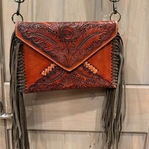 Brown Embossed Leather Fringe Bag
